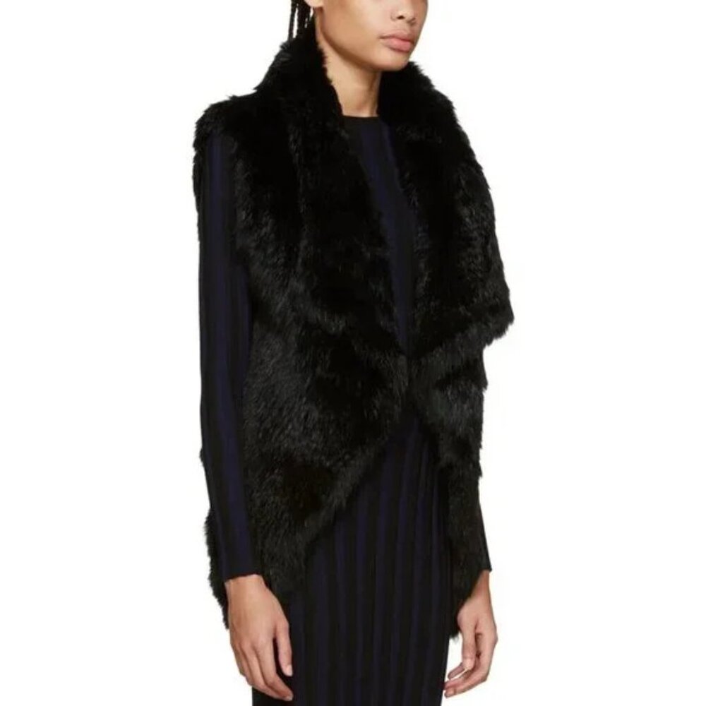 Yves Salomon Black Rabbit Fur Hook-Front Vest